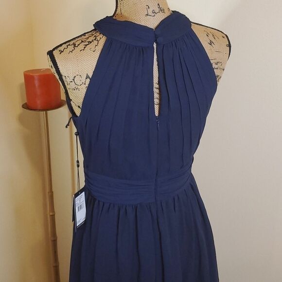 NWT Adrianna Papell Midnight Blue Halter Chiffon keyhole Maxi Gown Size 4 - Picture 5 of 12